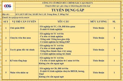 CÔNG TY CỔ PHẦN ĐÚC CHÍNH XÁC C.Q.S MAY’S TUYỂN DỤNG GẤP Chuyên viên thu mua