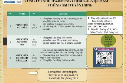 CÔNG TY TNHH HWASEUNG CHEMICAL VIỆT NAM THÔNG BÁO TUYỂN DỤNG
