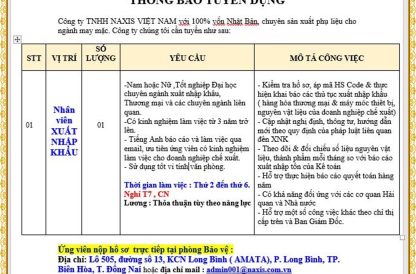 Công ty TNHH NAXIS VIỆT NAM THÔNG BÁO TUYỂN DỤNG Nhân viên XUẤT NHẬP KHẨU