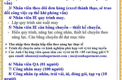 CÔNG TY TNHH SƠN HÀ GROUP SẢN XUẤT HÀNG MAY MẶC XUẤT KHẨU THÔNG BÁO TUYỂN DỤNG