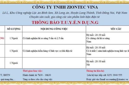 CÔNG TY TNHH ZIONTEC VINA THÔNG BÁO TUYỂN DỤNG NHÂN VIÊN QC